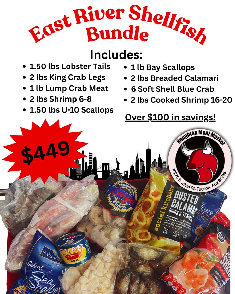 East River Shellfish Bundle: assorted seafood from the Houghton Meat Market menu with savings shown.