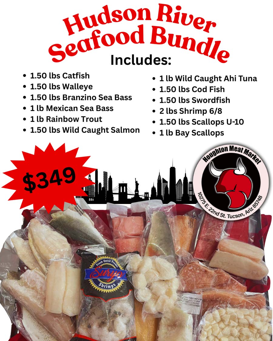 Houghton Meat Market menu features assorted seafood bundle packages for just $349.