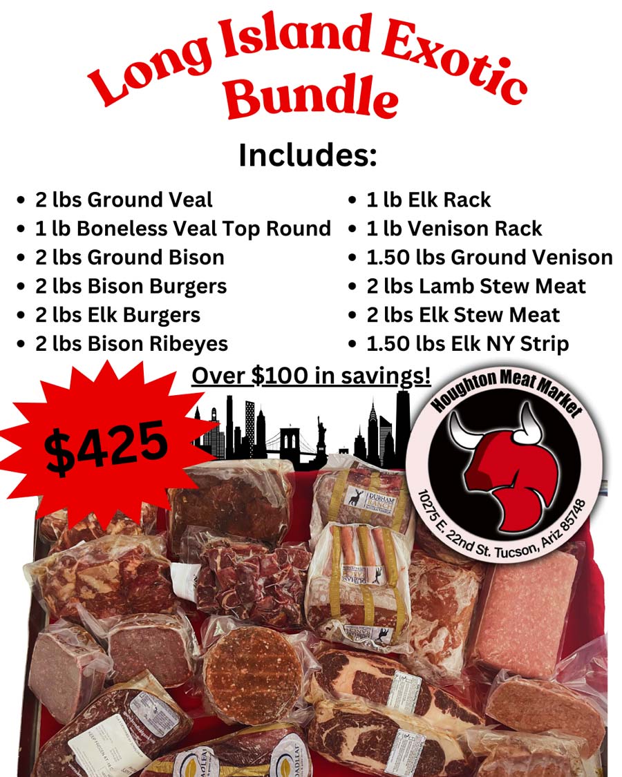 Assorted exotic meats from the Houghton Meat Market menu, $425 for a Long Island Bundle.
